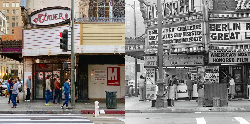 The Tower Theatre today and in 1950 as the Newsreel Theatre. (Archival photo: Los Angeles Theatres)