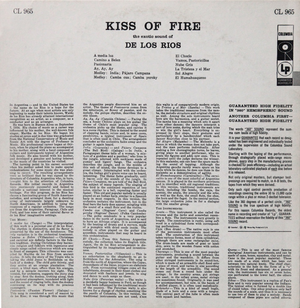 De Los Rios - Kiss Of Fire Album Cover Back