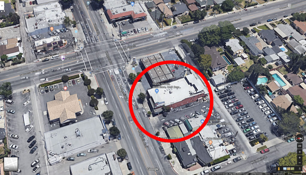 Aerial view of Burbank's Handy Market on Google Maps