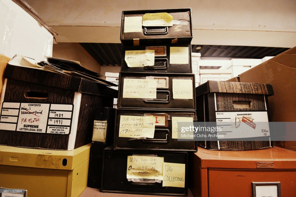 tack of file boxes containng the UN Collection in the Michael Ochs Archives on May 10, 2018 
