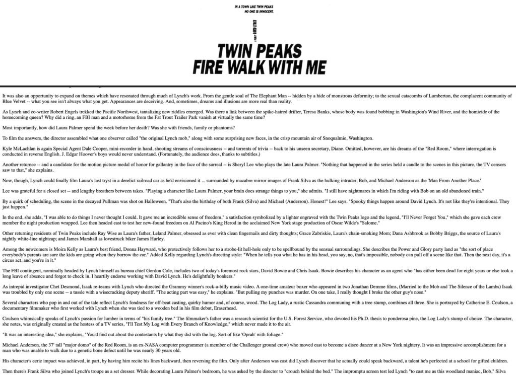 Twin Peaks - Fire Walk With Me Press Release