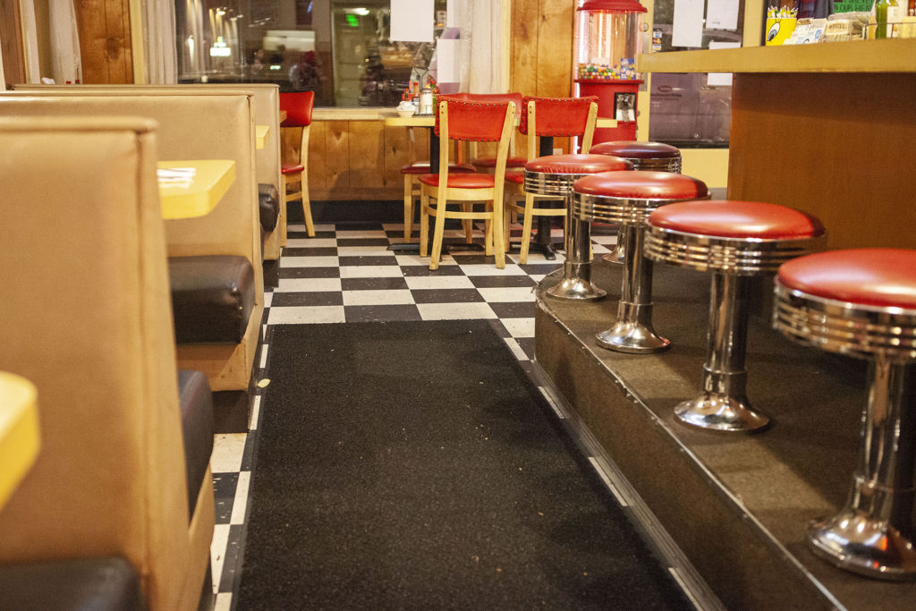 Flooring and seating inside Twede's Cafe