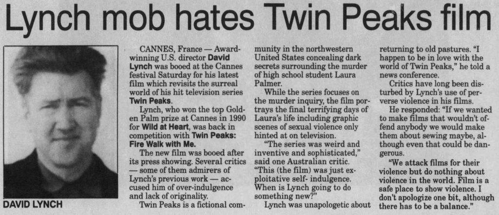 Calgary Herald, May 17, 1992 - Lynch mob hates Twin Peaks film